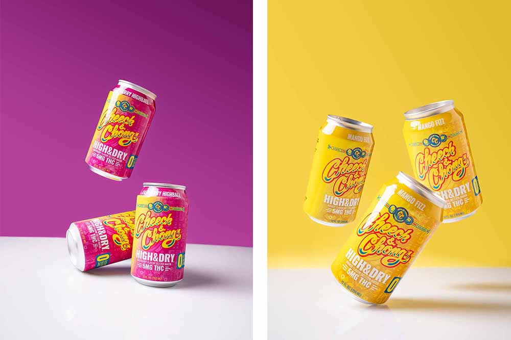 cheech & chong's cannabis high and dry thc-infused seltzers raspberry highball and mango fizz
