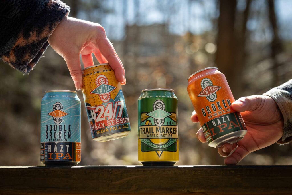 new trail brewing company broken heels hazy ia, double broken heels double ipa, trail marker west coast ipa, and 24/7 session hazy ipa