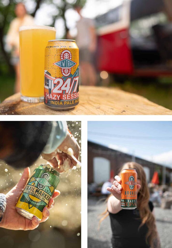 new trail brewing company broken heels hazy ipa, trail marker west coast ipa, and 24/7 session hazy ipa