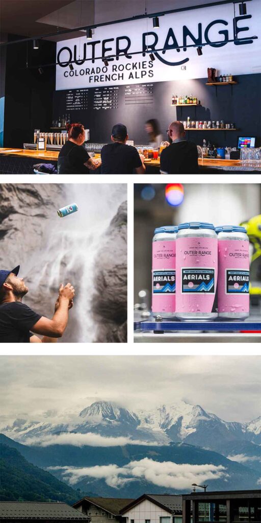 outer range brewing french alps aerials cans, summit beer, taproom, and mountains