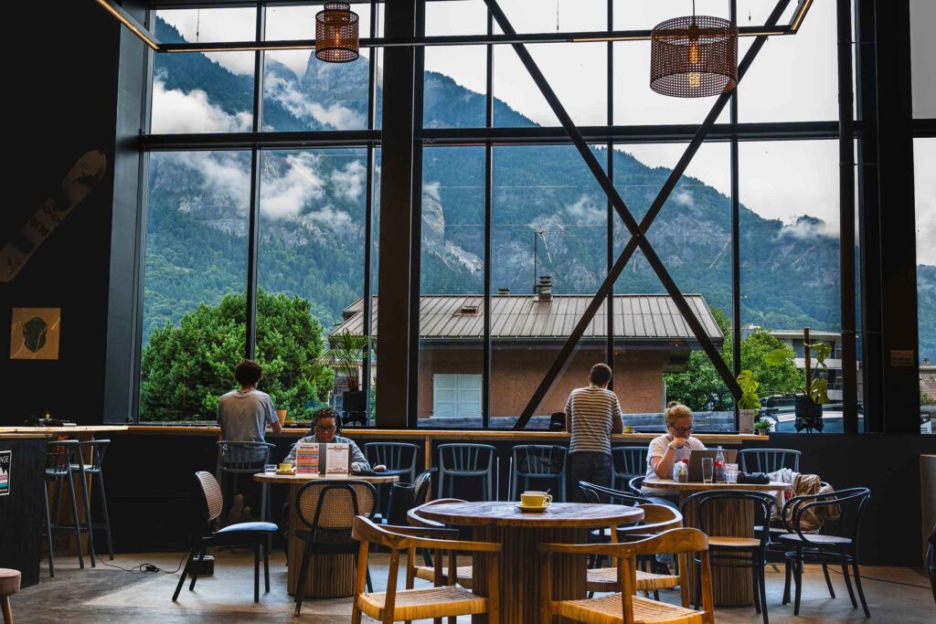 outer range brewing french alps taproom with mountains