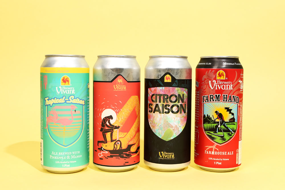 brewery vivant farm hand farmhouse ale, citrus saison, tropical saison, and serpent slayer