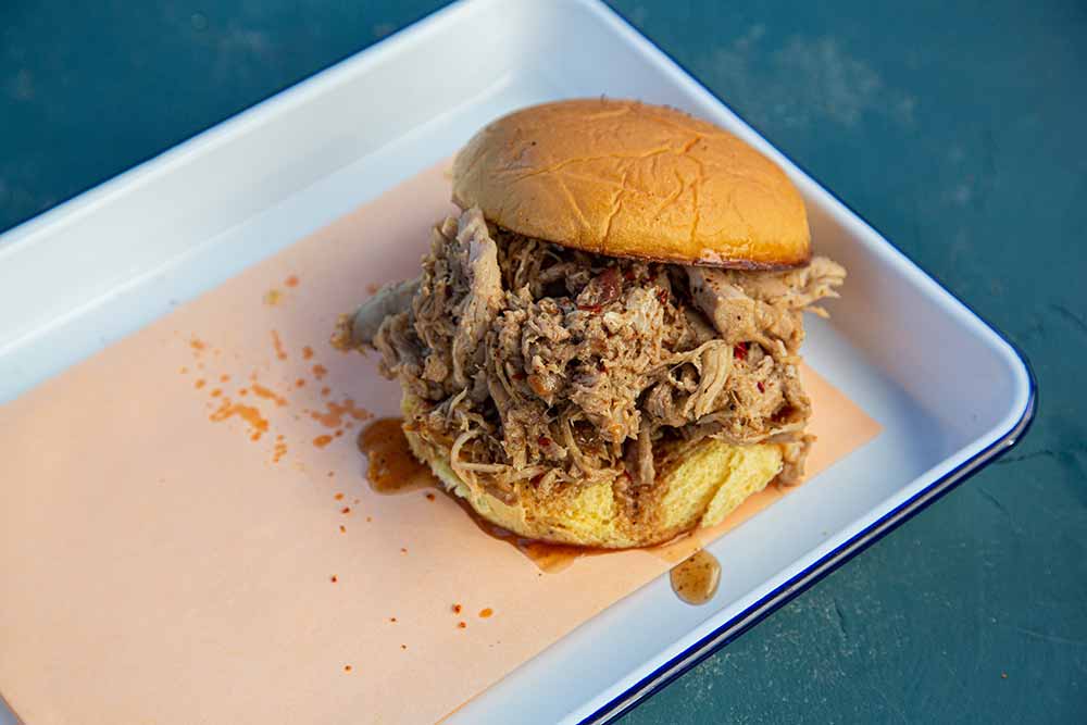 rodney scott beer bbq pulled pork sandwich