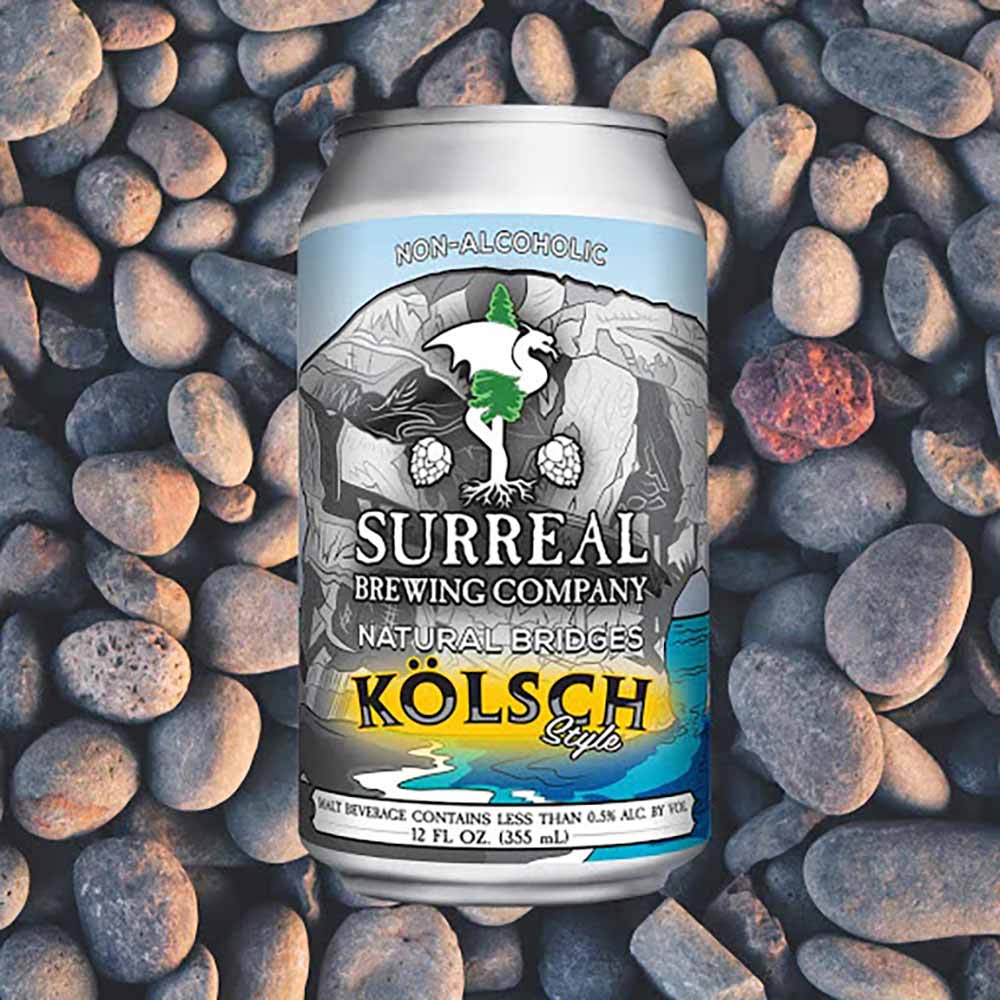 surreal brewing company natural bridges kolsch non-alcoholic. beer