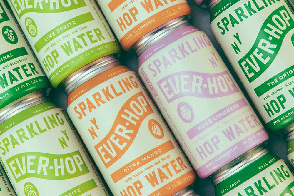 everhop sparkling hop water original, citra, mango, rose limonade, and lime spritz