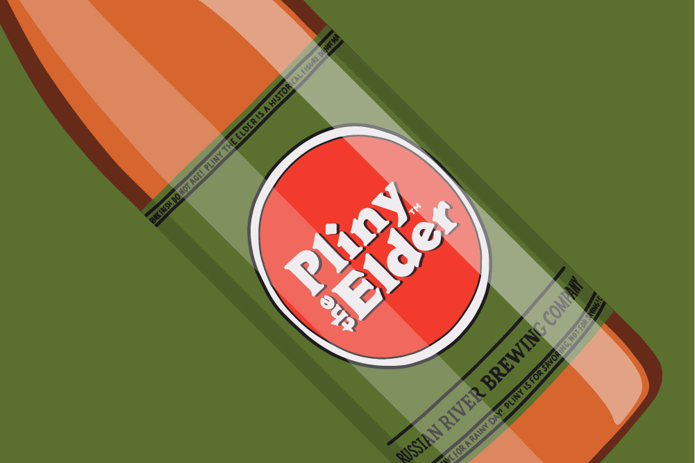 A hand drawn graphic of a Pliny the Elder bottle