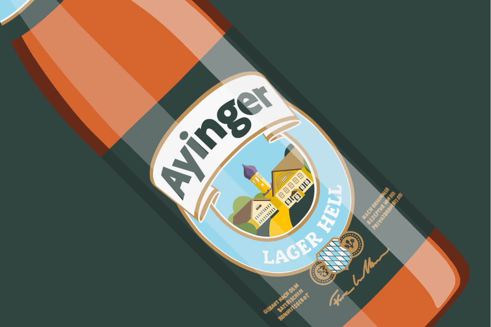 A hand drawn graphic of a Ayinger Lager Hell bottle